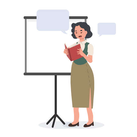 female school teacher is reading a book.Flat vector cartoon character illustrationのイラスト素材