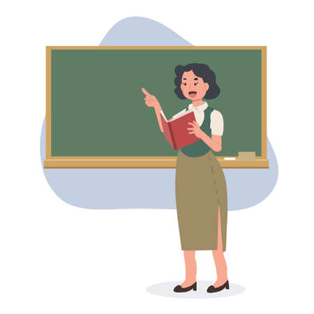 female school teacher is teching in front of blackboard.Flat vector cartoon character illustrationのイラスト素材