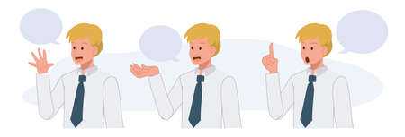 Set of businessman in various gesture. say hi,welcome,making some advice,notice.Flat vector cartoon character illustration.のイラスト素材
