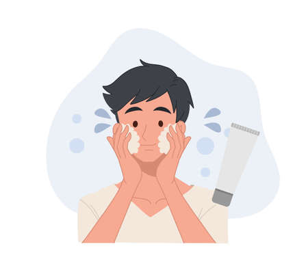 men's skin care concept, facial cleansing foam,acne treatment before and after,flat vector cartoon illustrationのイラスト素材