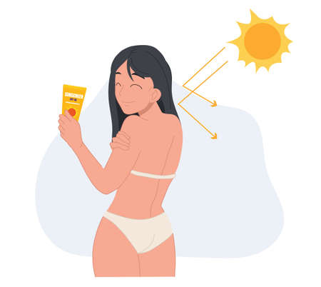Skin care concept,sun protection.Happy woman in swimming suit using sunblock avoid from sunburn damage.のイラスト素材