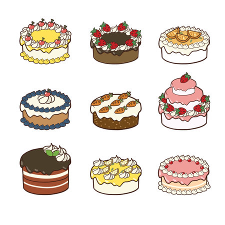 Set of kawaii Cakes.Cakes collection. cartoon Vector illustration of different types of beautiful and cute cakes.のイラスト素材