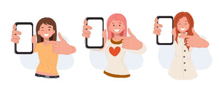 Set of Woman showing blank smartphone screen and pointing on it. cartoon vector illustrations.