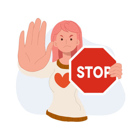 A woman holding red stop road sign. Protest and fight concept. flat vector illustration.のイラスト素材