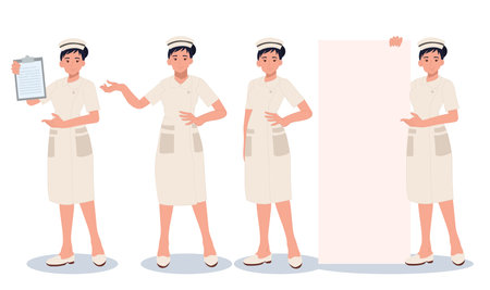 character set of Female nurse in Different poses and emotions. Vector cartoon illustrationのイラスト素材