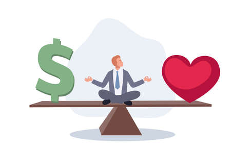 businessman meditate on seesaw balance with money and heart symbol. Work life balance concept. Vector illustration.のイラスト素材