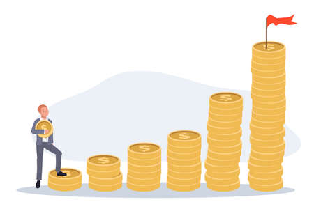 Businessman carrying money coin start step on compound money stack. savings to achieve financial goal concept. Vector illustration.のイラスト素材