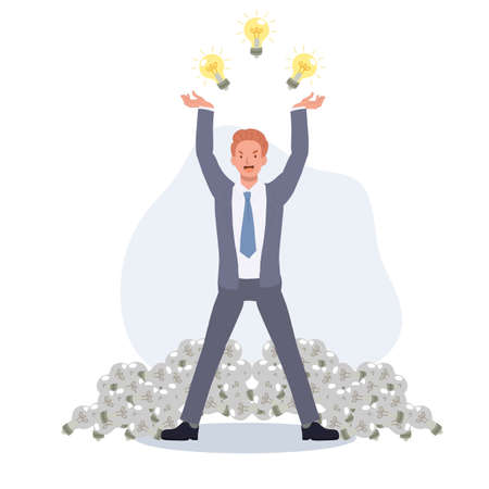 Businessman with many of bright light bulb over head surrounding by old light bulb on ground, creative idea concept. vector illustration.のイラスト素材