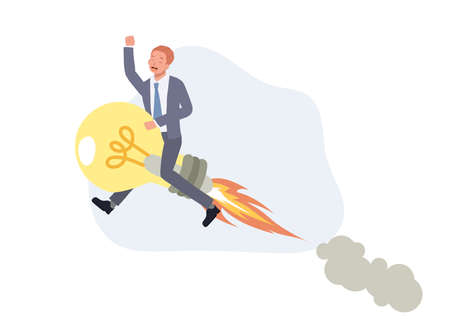 Businessman sits on flying rocket light bulb. Creative idea or inspiration concept. vector illustration.のイラスト素材