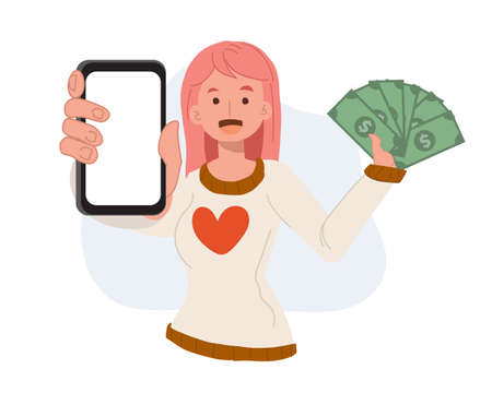 happy woman Holding Smartphone and Money in Hand to Showing How to Make Money Online.のイラスト素材