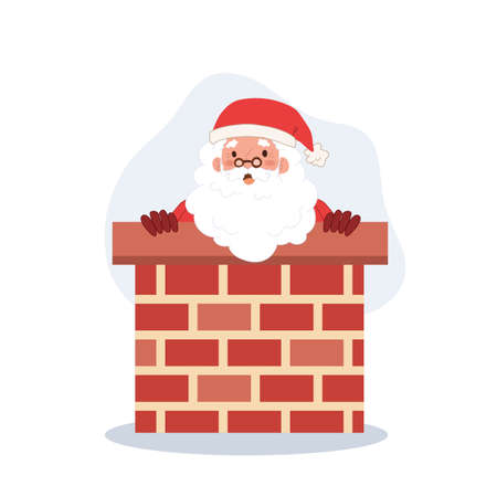 Santa claus with sack of gift box is tring to get in chimney. Vector illustration.のイラスト素材
