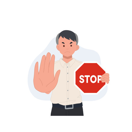 cute Thai student boy doing NO hand gesture ,holding a sign that says "Stop". vector illustrationのイラスト素材