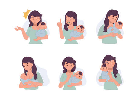 mother and child concept. Set of  mother and baby in various gesture action. vector illustrationのイラスト素材