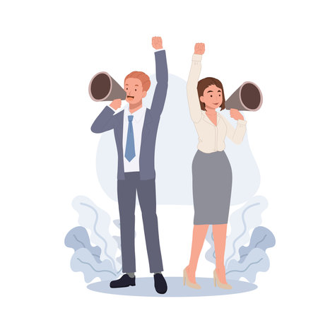 Businessman and Businesswoman speaks in megaphone.The concept of digital marketing, advertising. Vectot illustration.のイラスト素材