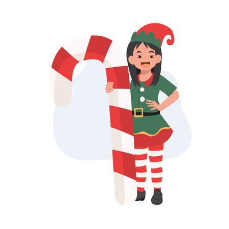 Young christmas elf kid with candy cane. vector illustrationのイラスト素材
