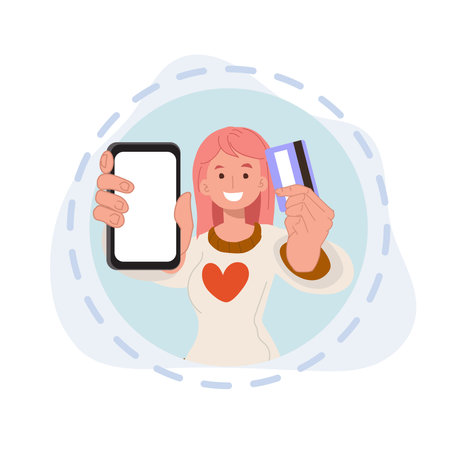 woman showing payment card and app in phone. online shopping, shopping app, Plastic credit card and smartphone. vector illustrations.のイラスト素材