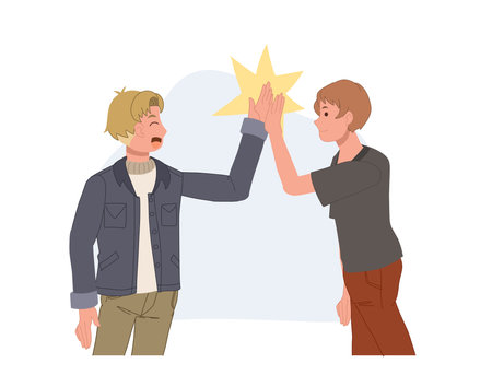 Friends meet and support each other by clapping their palms. Giving Highfive to Each Other. Cartoon People Vector Illustrationのイラスト素材