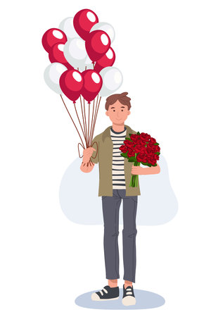 Happy smiling man with balloons and a bunch of rose is waiting for his lover. Vector romantic illustrationのイラスト素材