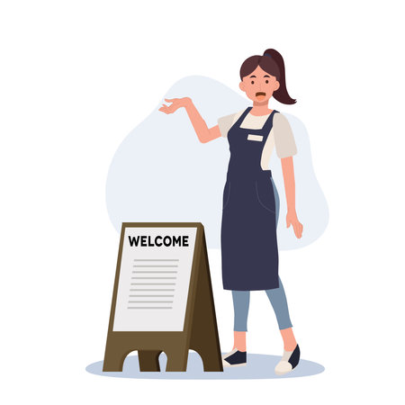happy woman waiter with welcome wood sign. Waitress is invite customer. Vector illustrationのイラスト素材