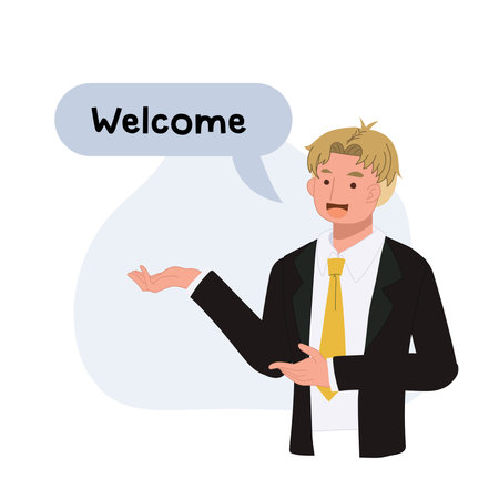 Happy businessman gesturing welcome sign. Vector illustrationのイラスト素材
