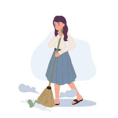 A woman sweeping the floor, house wife working at home. vector Illustrationのイラスト素材