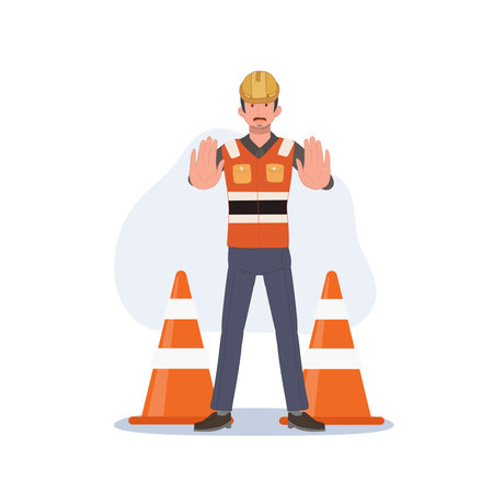 Man engineer doing NO STOP hand sign gesture, with Traffic Cone. No entry do not enter. Vector illustrationのイラスト素材