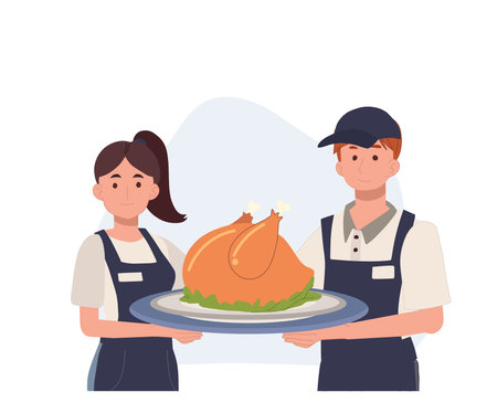 Waitress and waiter with tray serving big roasted turkey or chicken. Vector cartoon style illustrationのイラスト素材