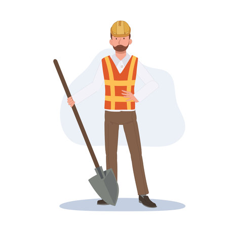 worker man wear a safety helmet with shovel at construction area. Vector illustration.のイラスト素材