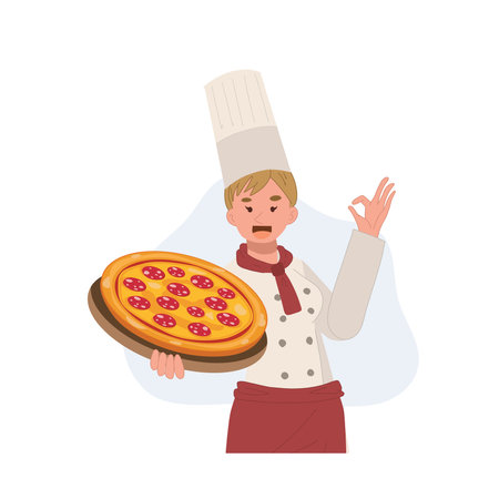female chef holding pizza with wearing chef hat and uniform. vector cartoon illustrationのイラスト素材