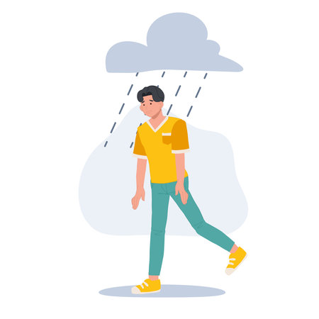 Sad man walking under the rain. Overcast weather. Emotions. Solitude concept. vector illustrationのイラスト素材