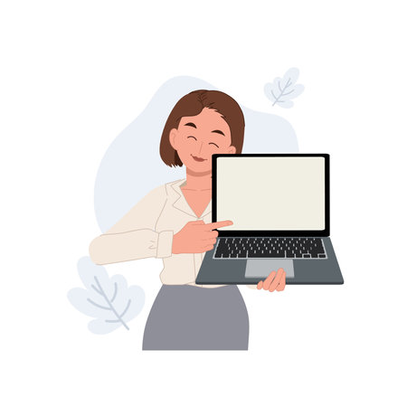 businesswoman presenting laptop. woman holding laptop screen for business presentation. Vector illustrationのイラスト素材