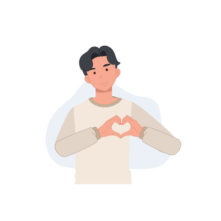 Happy Smiling diverse man with hand gestures, heart symbol.  like and love with hands. Flat vector cartoon character illustration.のイラスト素材