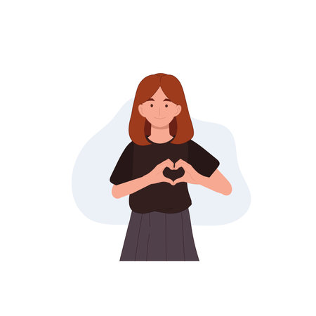 Happy Smiling diverse woman with hand gestures, heart symbol.  like and love with hands. Flat vector cartoon character illustration.のイラスト素材
