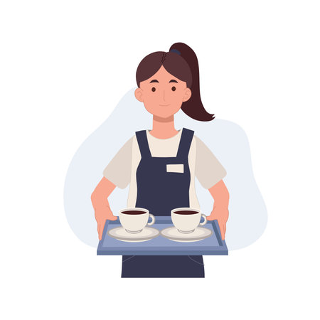 Waitress holding tray with cups of coffeee or tea ,serving concept. flat vector cartoon character illustration.のイラスト素材