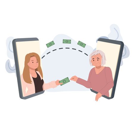 bank transfer,Online payment concept. Woman sending money on phone screen  to elderly mother. Flat vector cartoon Character illustration.のイラスト素材
