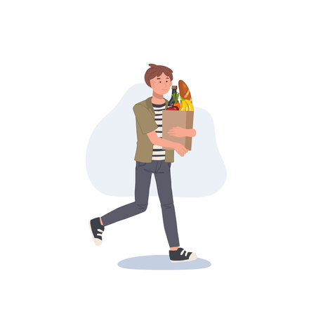 Happy man holding a grocery bag in his hands. Buyer at the supermarket. Flat vector cartoon character illustrationのイラスト素材