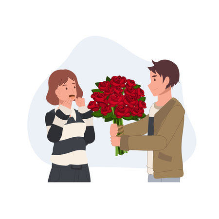 Valentine's day concept. A young man holds a beautiful bouquet of red roses and give it to a woman. showing his love.のイラスト素材