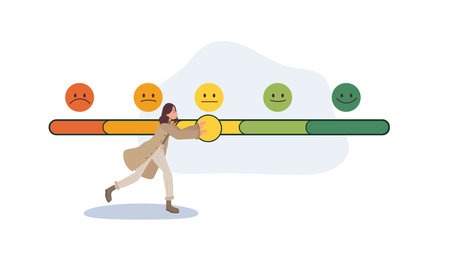 Rating satisfaction concept. woman is giving Feedback in form of emotions. Flat vector illustrationのイラスト素材