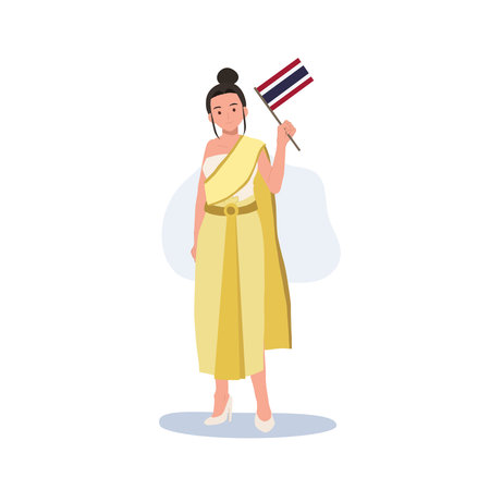 a woman in Thai traditional costume is holding the small Flag of Thailand in her hand. Full length Flat vector illustrationのイラスト素材