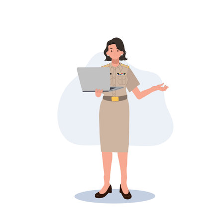 female Thai government officers in uniform. Woman Thai teacher holding laptop and explaining. Vector illustrationのイラスト素材