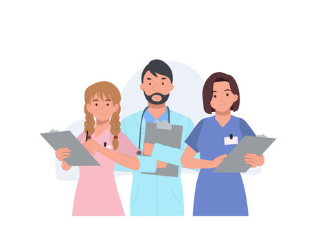 Doctors characters set. Group of hospital medical staff standing together. Male and female medicine workers. Flat vector illustrationのイラスト素材