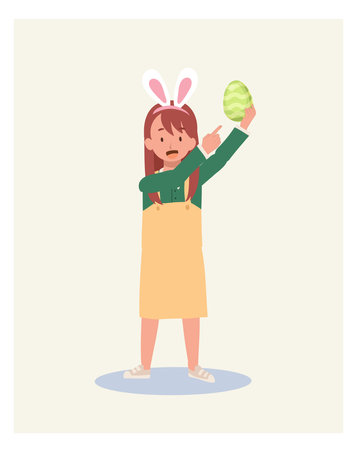 Happy Easter Day.happy Little girl with bunny ears holding Easter egg while pointing index finger at it to show. Flat style vector illustration.のイラスト素材