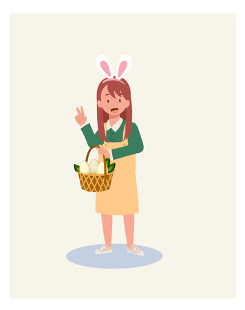 Happy Easter Day. Little girl with bunny ears showing fully basket from hunting an easter egg. Flat style vector illustration.のイラスト素材