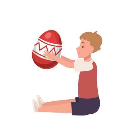 Happy Easter Day. Little boy is sitting and holding a big easter egg .Flat style vector illustration.のイラスト素材