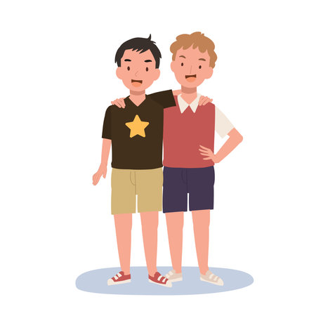 two little boys best friends , best friends hugging each other. happy smiling kids . Flat vector cartoon illustrationのイラスト素材