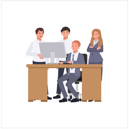 Business concept. Businessman and woman working together, team discussion in front of computer. Flat vector cartoon illustrationのイラスト素材