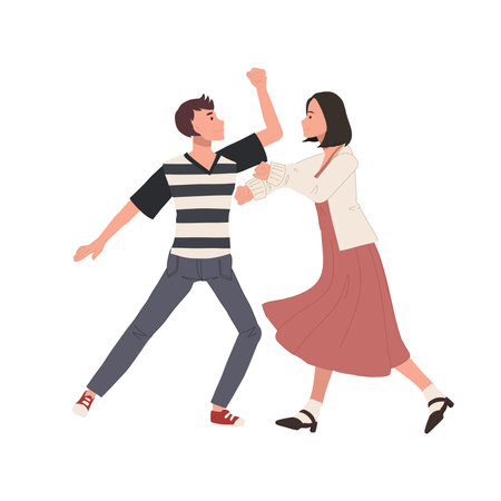 happy dancing people , male and female dancing together. man and woman enjoying dance party. Flat vector cartoon illustrationのイラスト素材