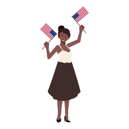 USA 4th july independence day concpet. African american woman holding american flag to celebrate. Flat vector cartoon illustrationのイラスト素材