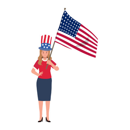 USA 4th july independence day concpet. american woman holding american flag to celebrate. Flat vector cartoon illustrationのイラスト素材