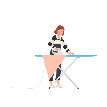 woman ironing clothes on an ironing board. housework activity. Flat vector cartoon illustrationのイラスト素材